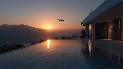 Sunset view of a modern home with infinity pool and drone