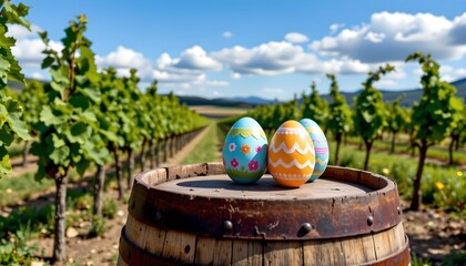 Easter Eggs Wooden Barrel Vineyard Setting