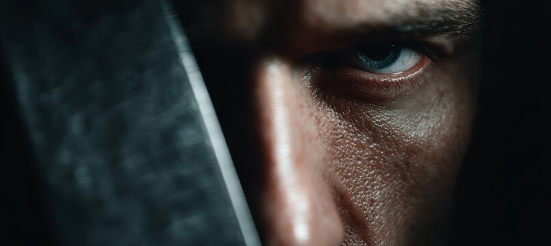 Closeup murder criminal face with knife. Serial killer crime. Generative AI technology.