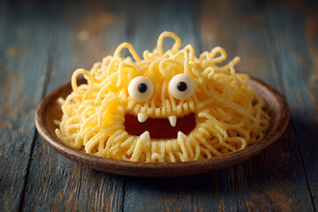 Scary halloween food pasta vampire monster face with big eyes