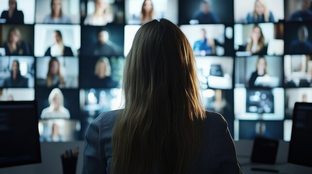 Woman in video conference with diverse colleagues in office at night