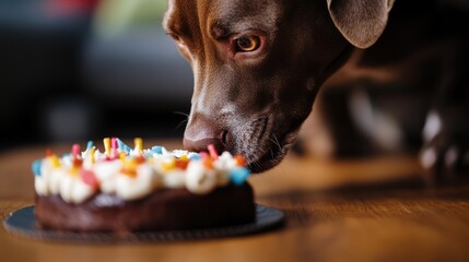 Curious Labrador Retriever mix sniffing cake indoors