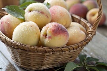 A basket of peaches sits on a wooden table