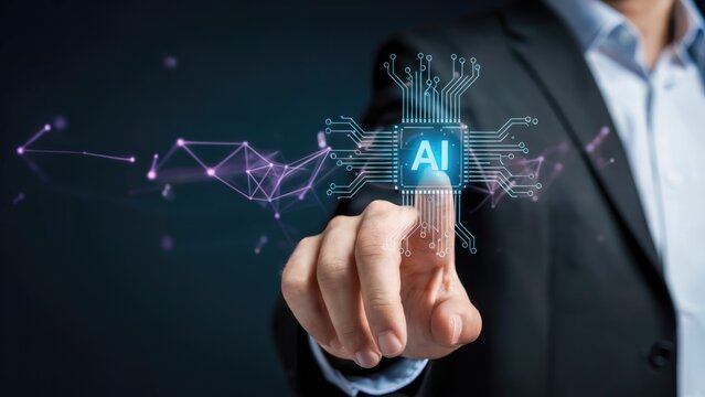 Businessman interacts with glowing AI chip, symbolizing future technology and innovation.