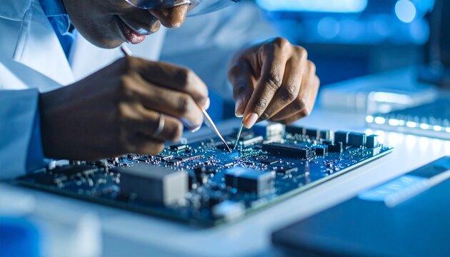 Electronics engineer in a lab coat precisely assembling a printed circuit board with specialized tools, showcasing innovation and technology. - Powered by Adobe