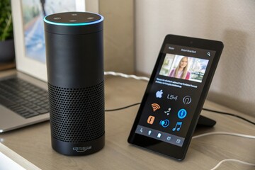 A white device with a screen showing a video of a woman singing