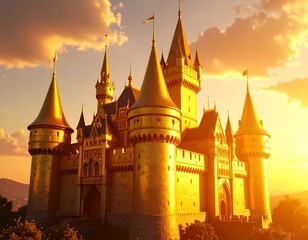 Golden castle at sunset, majestic architecture, fairytale setting