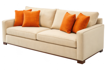 Cream sofa with orange accent pillows isolated on transparent background