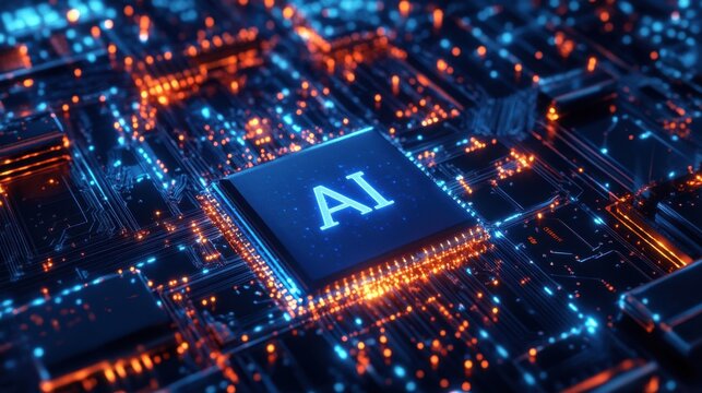 Illuminated microchip with AI letters in digital environment