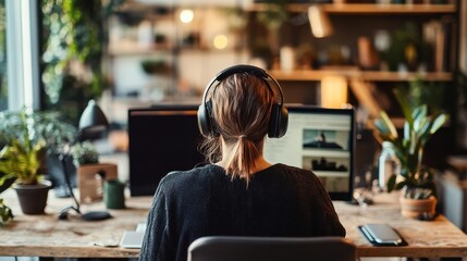Young woman working on computer in serene home office