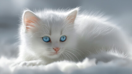 Soft White Cat on Abstract Background