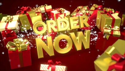 Gold "Order Now" text amidst red and gold gift boxes on a dark red background, with falling snowflakes