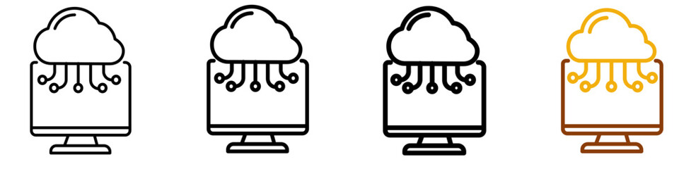 Cloud computing vector icon pack in minimal line art style for hosting service, data center, and SaaS app interface, designed with multistyle stroke and full color variation set