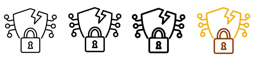 Cyber security icon set in minimal outline style for firewall protection, antivirus apps, and digital privacy UI, featuring multistyle stroke and full color variation set