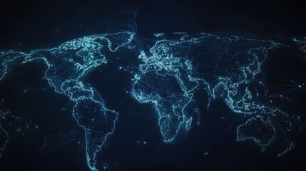 World map as a network of interconnected nodes and lines at night