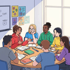 illustration of students with different ethnic discussion in class