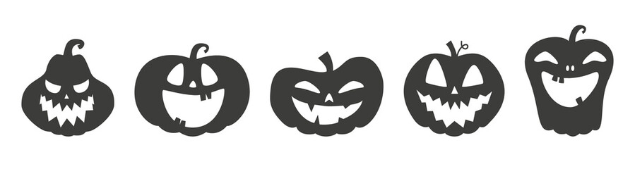 Collection of funny Halloween pumpkin silhouettes. Illustration on transparent background