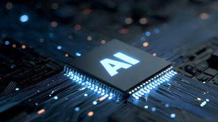 AI isometric futuristic chip with electric circuit wires on technology background. Artificial Intelligence hologram logo on light glowing semiconductor. Tech bg. Data flow. Vector illustration. Stock 