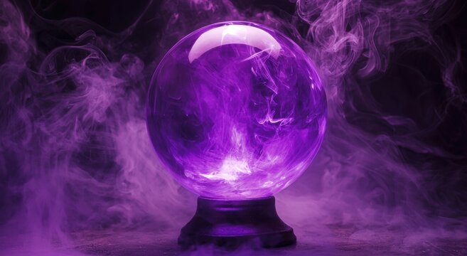 Purple smoke swirling inside a crystal ball glowing with an inner light creates a magical and mysterious atmosphere, perfect for fantasy or divination themes