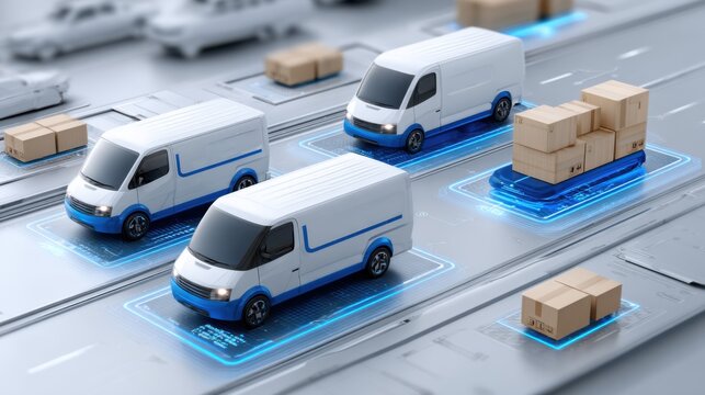 Futuristic smart manufacturing concept with blue and white delivery trucks on the road carrying cardboard boxes in a data center, photorealistic 3D rendering.