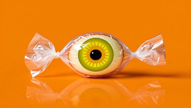 Halloween eyeball candy wrapped in plastic on vibrant orange background - Powered by Adobe