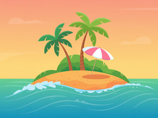 Fototapeta premium Flat Style Tropical Beach with Palm Trees and Umbrella, Ocean Waves and Sunset Sky