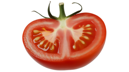 Ripe red tomato half with seeds and stem isolated on a transparent background halved
