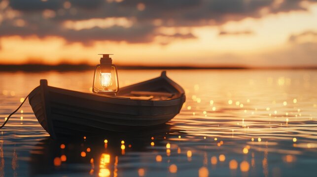 Boat floating on serene lake at sunset with lantern illumination