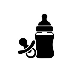 Vector icon baby milk bottle and pacifier on transparent background. Symbol of newborn care, baby food and feeding