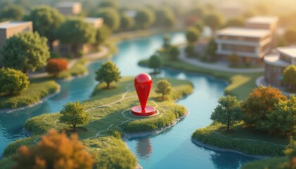 Miniature model landscape with red map marker and buildings