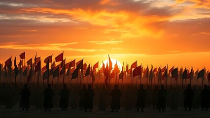 Sunset view with silhouettes of people dancing and celebrating in an open grassy field