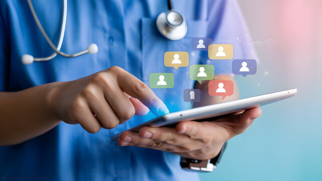 Doctor using tablet with social media icons and stethoscope around neck