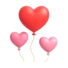 3D red and pink heart shaped balloons floating with strings isolated on transparent background