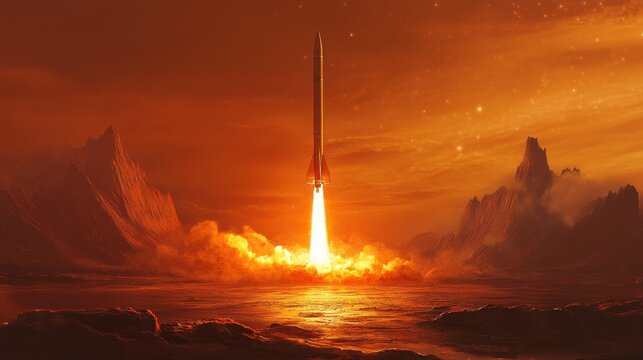 Rocket launching on alien planet with rocky desert landscape