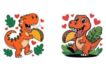 Fototapeta premium Orange dinosaurs eating tacos with hearts and leaves