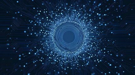 AI technology concept. Circle circuit wires on a dark blue motherboard background. Big data flow. Computer and electronics pattern on a navy backdrop. Abstract tech bg. Digital vector illustration. 