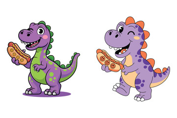 Fototapeta premium Purple dinosaurs holding hot dogs green orange