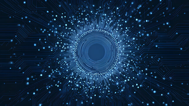 AI technology concept. Circle circuit wires on a dark blue motherboard background. Big data flow. Computer and electronics pattern on a navy backdrop. Abstract tech bg. Digital vector illustration. 