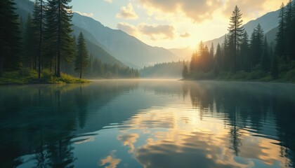 Fototapeta premium Majestic sunrise over tranquil mountain lake with reflections