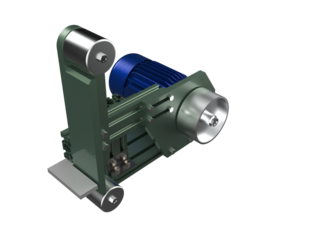 High-Detail 3D Render of Industrial Belt Grinder Machine Component with Blue Electric Motor Assembly – Precision Metalworking and Woodworking Power Tool isolated on Transparent HD Background.