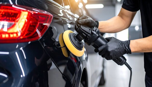 Detailing a Black Car with a Polishing Machine