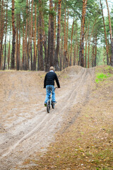 Obraz premium A boy rides a bicycle up a dirt path in a dense pine forest, seen from behind. Outdoor activity, nature, and childhood adventure.