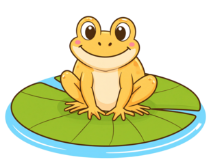 Cartoon-Style Green Frog on Lily Pad with Playful Eyes and a Big Smile, Ideal for Kids’ Content, PNG