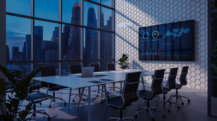 Conference room with large windows and city view at dusk with screen on wall