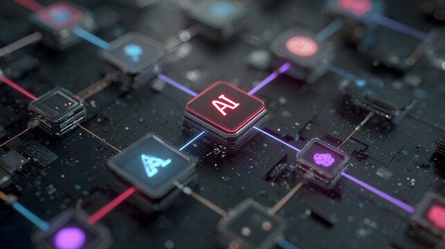 AI workflow automation artificial intelligence software interface nodes triggers data tool dashboard coding icon flow process technology 3d rendering. Stock Illustration