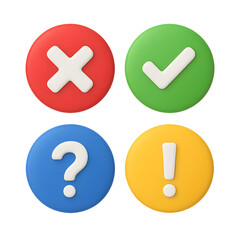 3D round icon set with red cross, green check mark, blue question mark, and yellow exclamation mark, symbol and communication concept isolated on transparent background