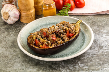 Baked eggplant stuffed meat and tomato