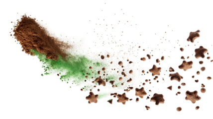 Creative abstract powder explosion with colorful ingredients in dynamic splash motion isolated