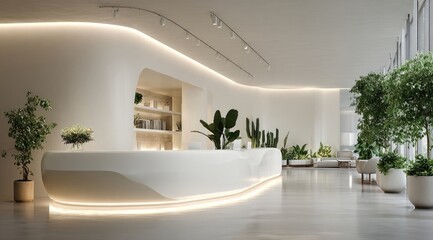 Modern minimalist reception area with curved white desk, potted plants, and large windows