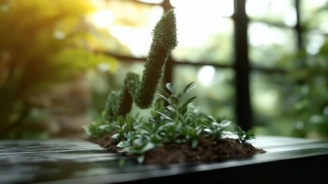 Green grass arrow growing from soil on glossy table